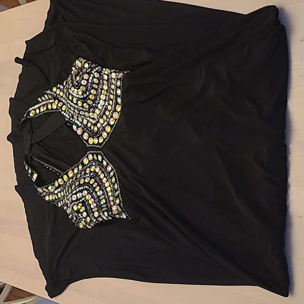 EUC Hailey Logan by Andrianna Papell Beaded Halter Style Open Back Black Gown